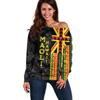 Hawaii Maoli Spirit Off Shoulder Sweater Kakau Pattern With Flower Lei - Polynesian Pride