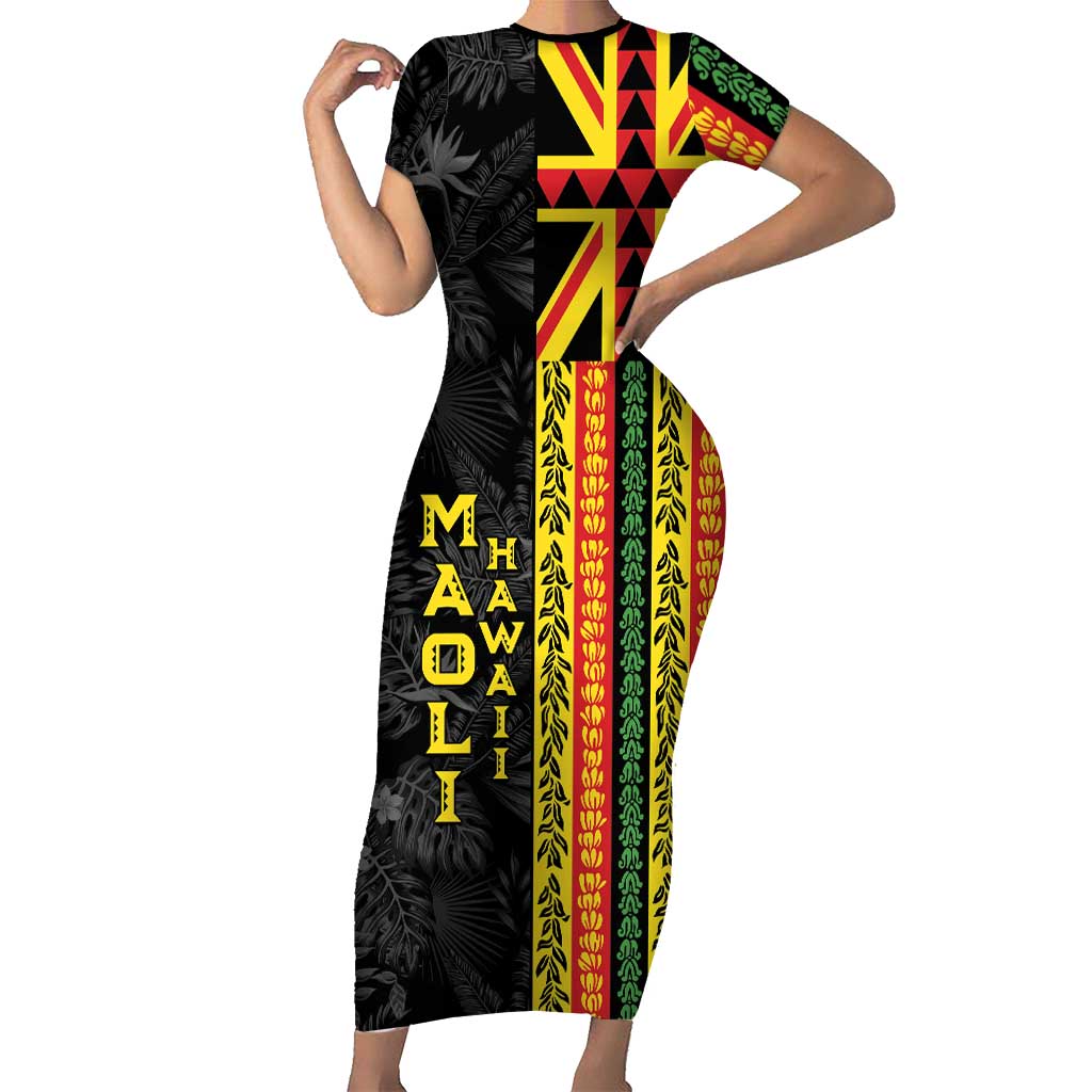 Hawaii Maoli Spirit Short Sleeve Bodycon Dress Kakau Pattern With Flower Lei LT05 Long Dress Black - Polynesian Pride