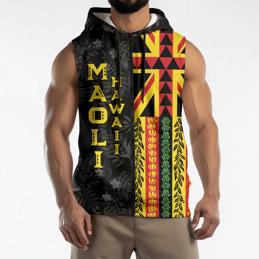 Hawaii Maoli Spirit Sleeveless Zip Hoodie Kakau Pattern With Flower Lei - Polynesian Pride