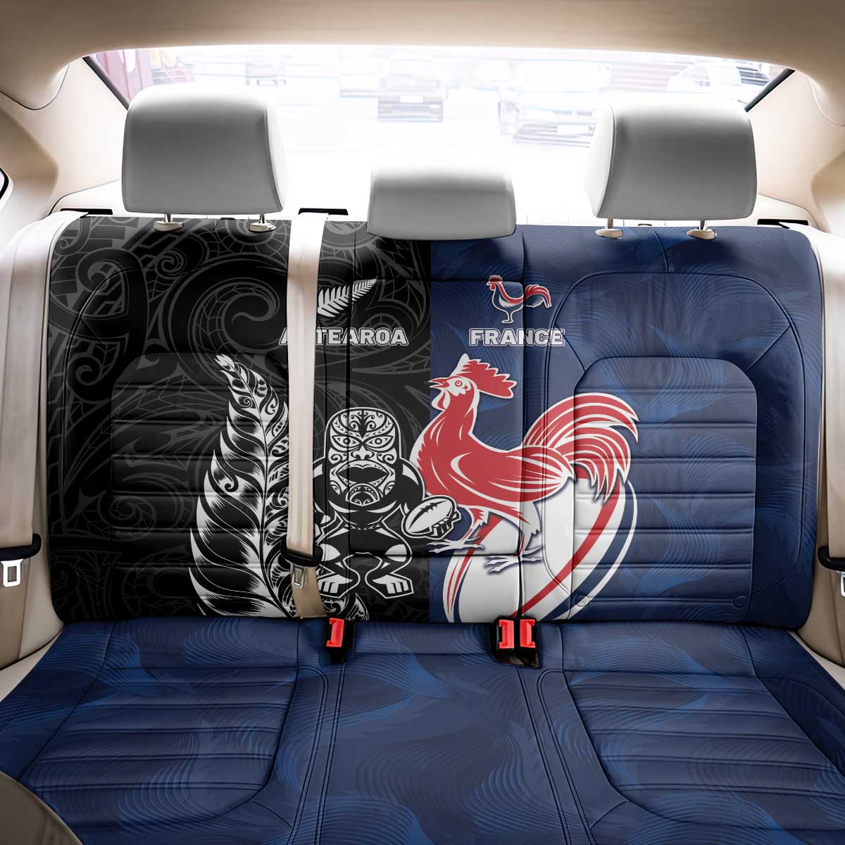 France And New Zealand Rugby Back Car Seat Cover Les Bleus Rooster With Maori Tiki LT05 - Polynesian Pride