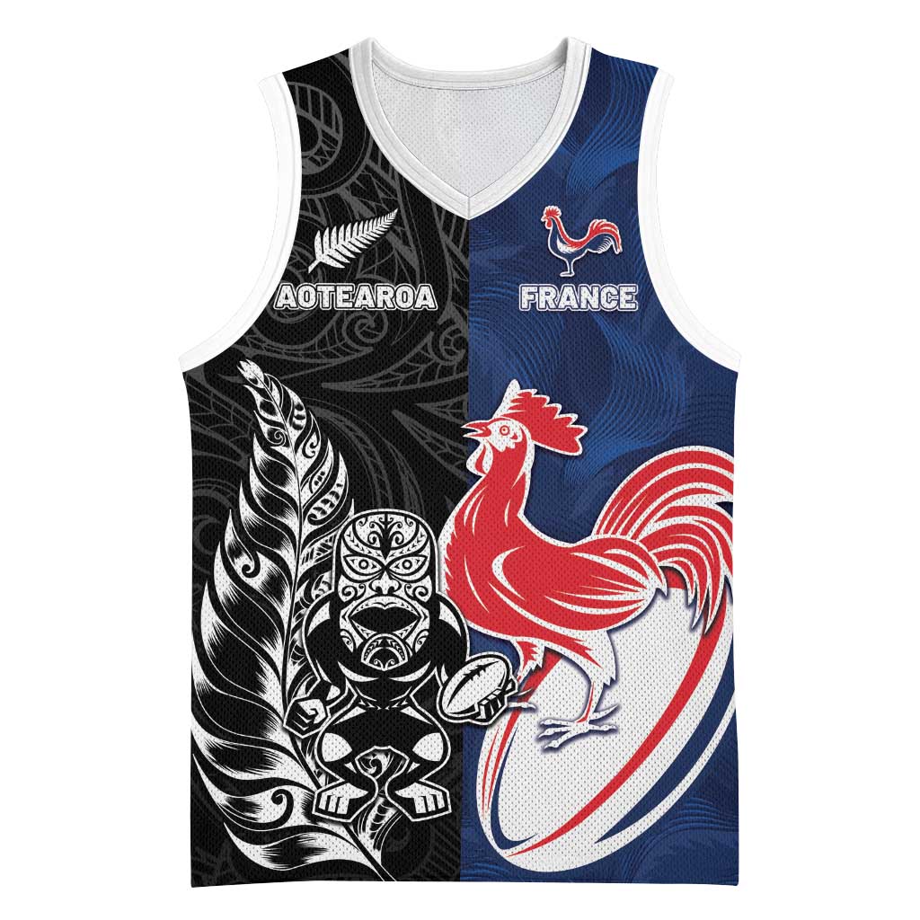 France And New Zealand Rugby Basketball Jersey - Les Bleus Rooster With Maori Tiki LT05 Unisex Black - Polynesian Pride