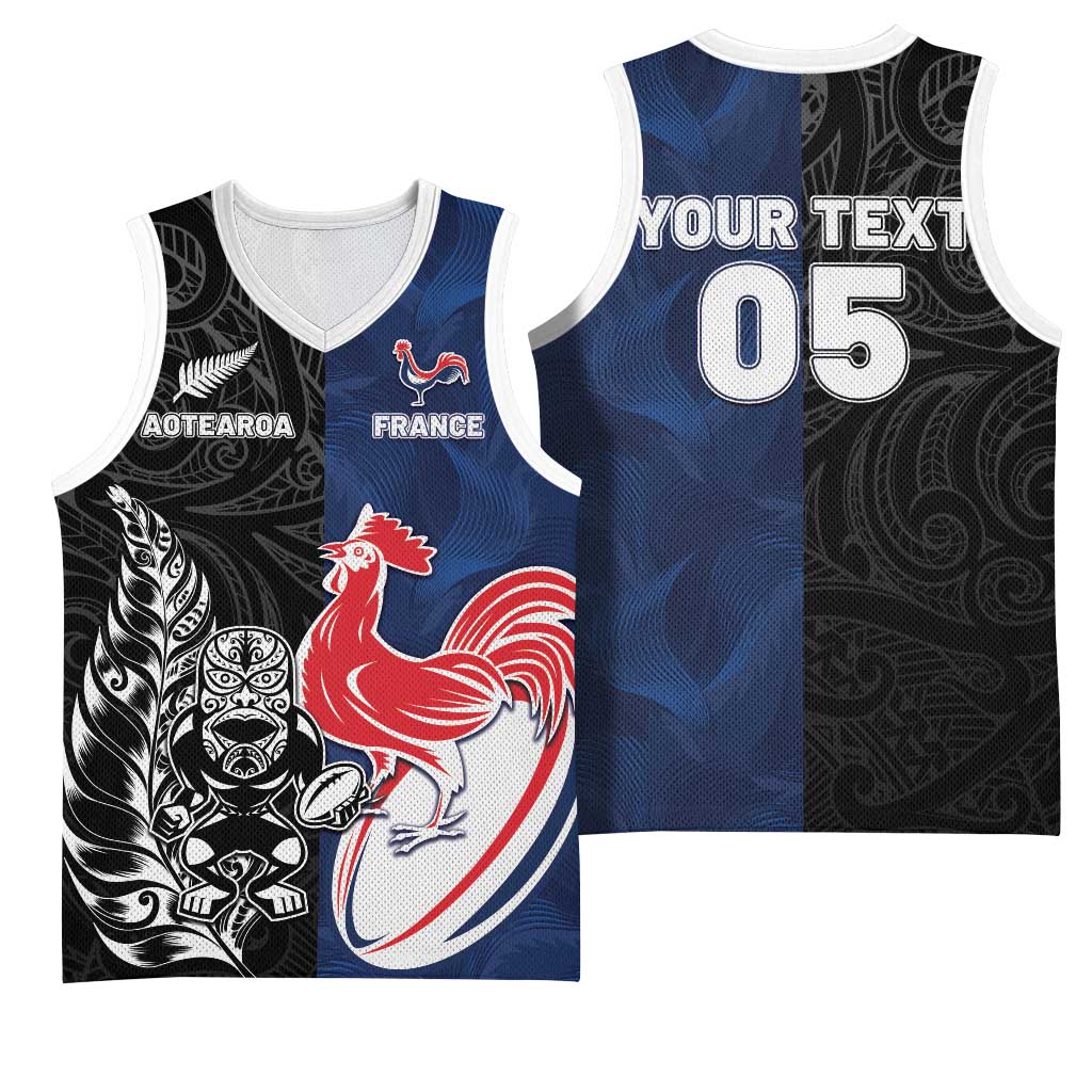 France And New Zealand Rugby Basketball Jersey - Les Bleus Rooster With Maori Tiki LT05 - Polynesian Pride