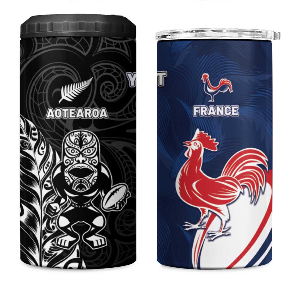 France And New Zealand Rugby Custom 4 in 1 Can Cooler Tumbler Les Bleus Rooster With Maori Tiki LT05 One Size: 16 oz Black - Polynesian Pride