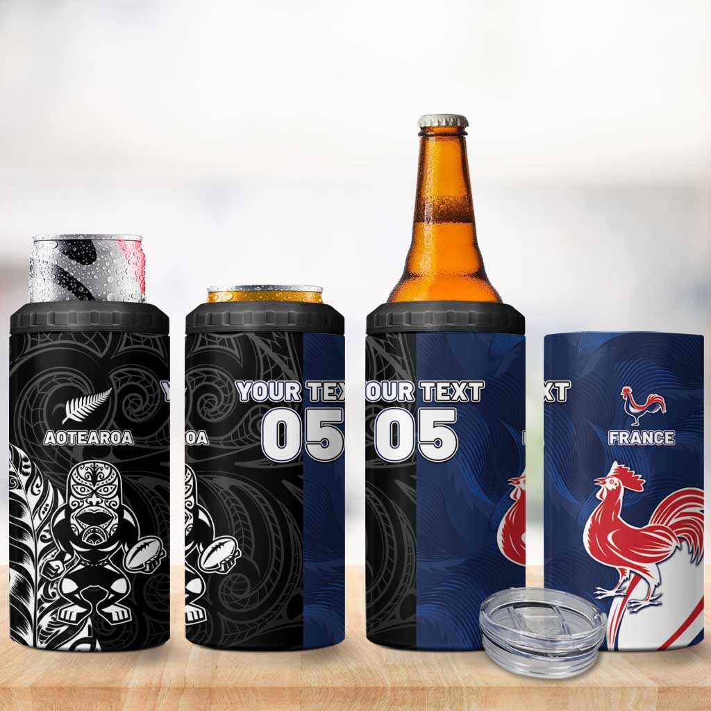 France And New Zealand Rugby Custom 4 in 1 Can Cooler Tumbler Les Bleus Rooster With Maori Tiki LT05 - Polynesian Pride