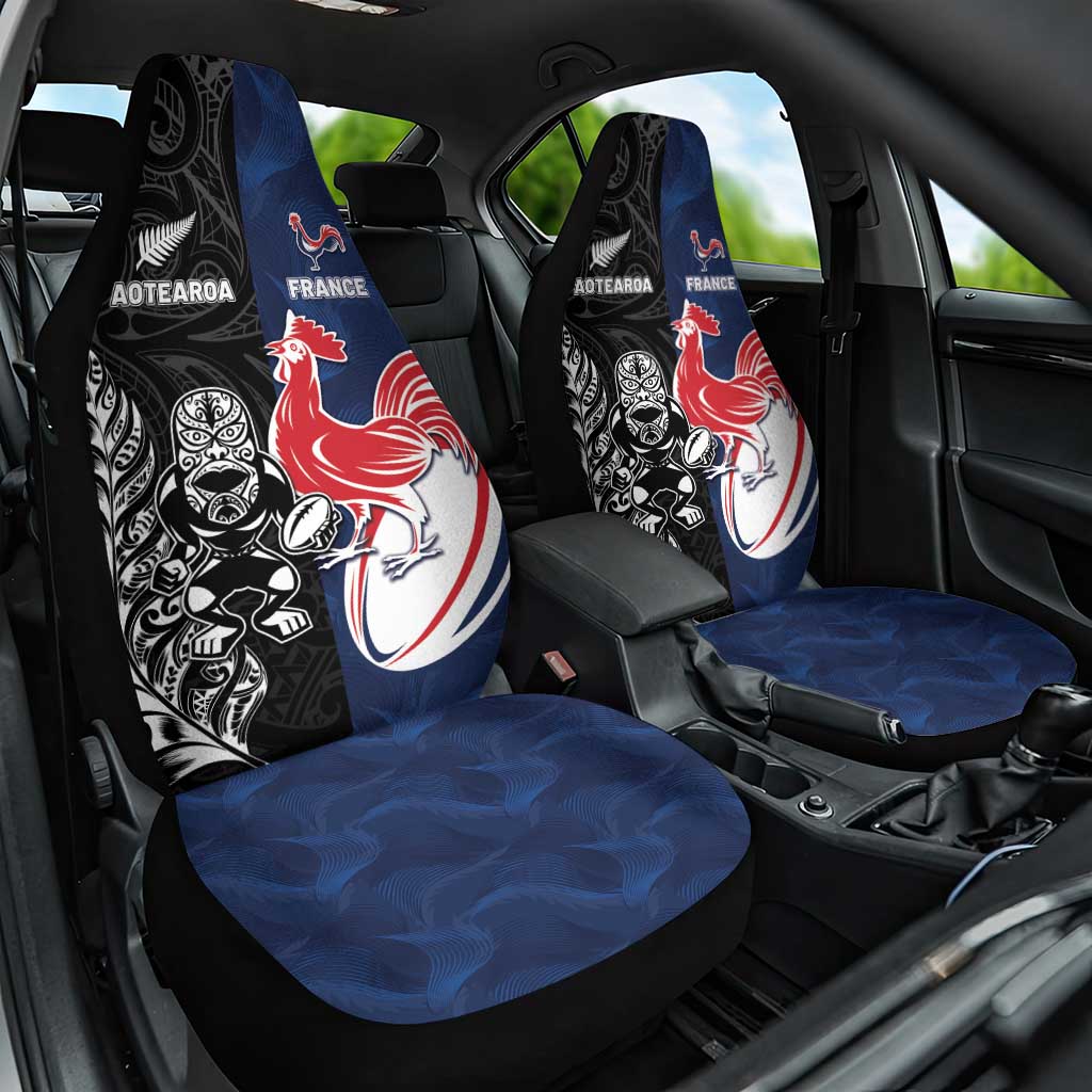 France And New Zealand Rugby Car Seat Cover Les Bleus Rooster With Maori Tiki LT05 One Size Black - Polynesian Pride
