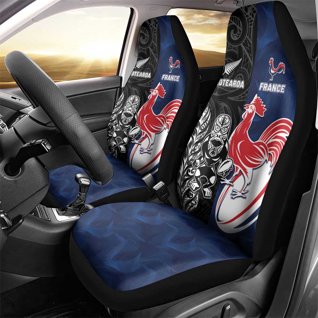 France And New Zealand Rugby Car Seat Cover Les Bleus Rooster With Maori Tiki LT05 - Polynesian Pride
