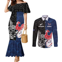 France And New Zealand Rugby Custom Couples Matching Mermaid Dress and Long Sleeve Button Shirt Les Bleus Rooster With Maori Tiki LT05 Black - Polynesian Pride