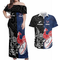 France And New Zealand Rugby Custom Couples Matching Off Shoulder Maxi Dress and Hawaiian Shirt Les Bleus Rooster With Maori Tiki LT05 Black - Polynesian Pride