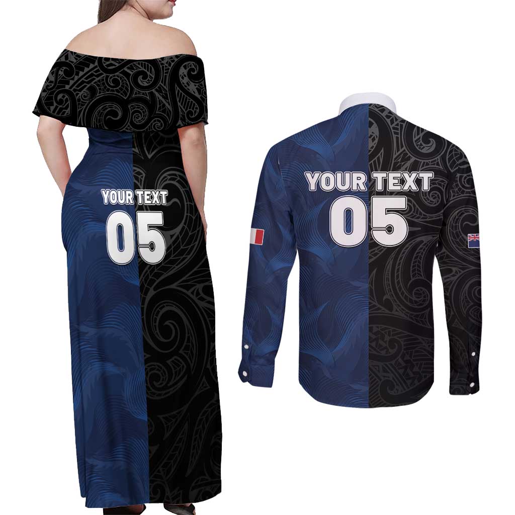 France And New Zealand Rugby Custom Couples Matching Off Shoulder Maxi Dress and Long Sleeve Button Shirt Les Bleus Rooster With Maori Tiki LT05 - Polynesian Pride