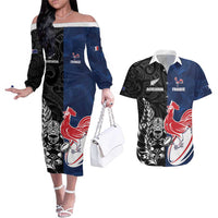 France And New Zealand Rugby Custom Couples Matching Off The Shoulder Long Sleeve Dress and Hawaiian Shirt Les Bleus Rooster With Maori Tiki LT05 Black - Polynesian Pride