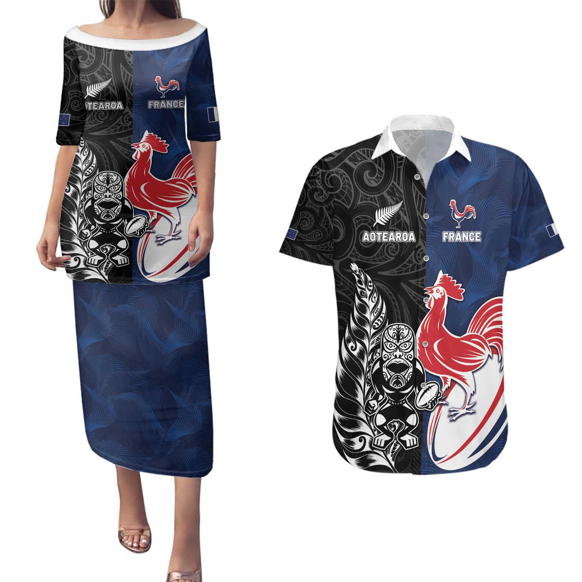 France And New Zealand Rugby Custom Couples Matching Puletasi and Hawaiian Shirt Les Bleus Rooster With Maori Tiki LT05 Black - Polynesian Pride