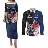 France And New Zealand Rugby Custom Couples Matching Puletasi and Long Sleeve Button Shirt Les Bleus Rooster With Maori Tiki LT05 Black - Polynesian Pride