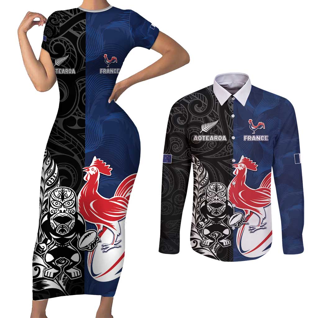 France And New Zealand Rugby Custom Couples Matching Short Sleeve Bodycon Dress and Long Sleeve Button Shirt Les Bleus Rooster With Maori Tiki LT05 Black - Polynesian Pride