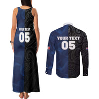France And New Zealand Rugby Custom Couples Matching Tank Maxi Dress and Long Sleeve Button Shirt Les Bleus Rooster With Maori Tiki LT05 - Polynesian Pride