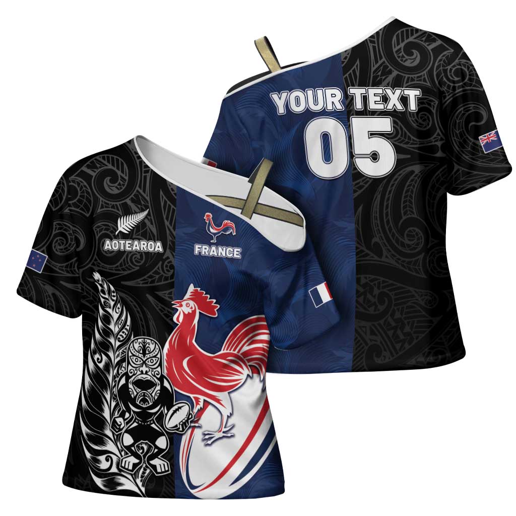 France And New Zealand Rugby Custom Cross Shoulder Shirt Les Bleus Rooster With Maori Tiki LT05 - Polynesian Pride