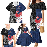 France And New Zealand Rugby Custom Family Matching Mermaid Dress and Hawaiian Shirt Les Bleus Rooster With Maori Tiki LT05 - Polynesian Pride