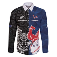France And New Zealand Rugby Custom Family Matching Mermaid Dress and Hawaiian Shirt Les Bleus Rooster With Maori Tiki LT05 Dad's Shirt - Long Sleeve Black - Polynesian Pride