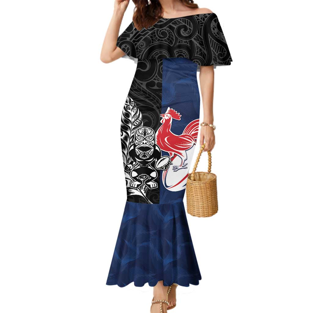 France And New Zealand Rugby Custom Family Matching Mermaid Dress and Hawaiian Shirt Les Bleus Rooster With Maori Tiki LT05 Mom's Dress Black - Polynesian Pride
