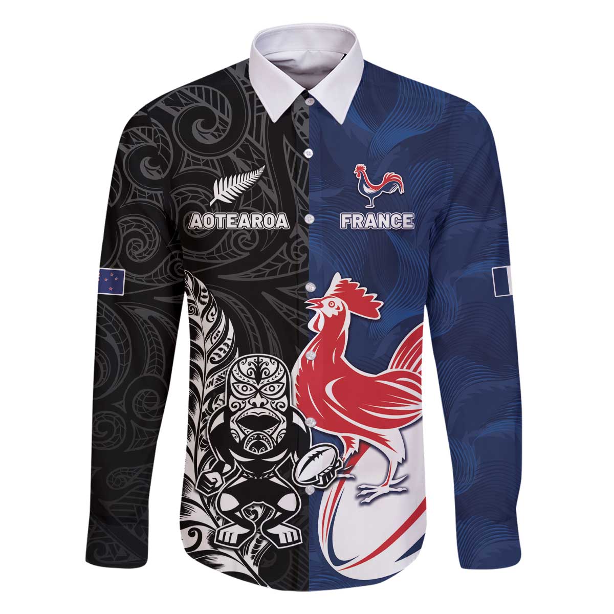 France And New Zealand Rugby Custom Family Matching Off The Shoulder Long Sleeve Dress and Hawaiian Shirt Les Bleus Rooster With Maori Tiki LT05 Dad's Shirt - Long Sleeve Black - Polynesian Pride