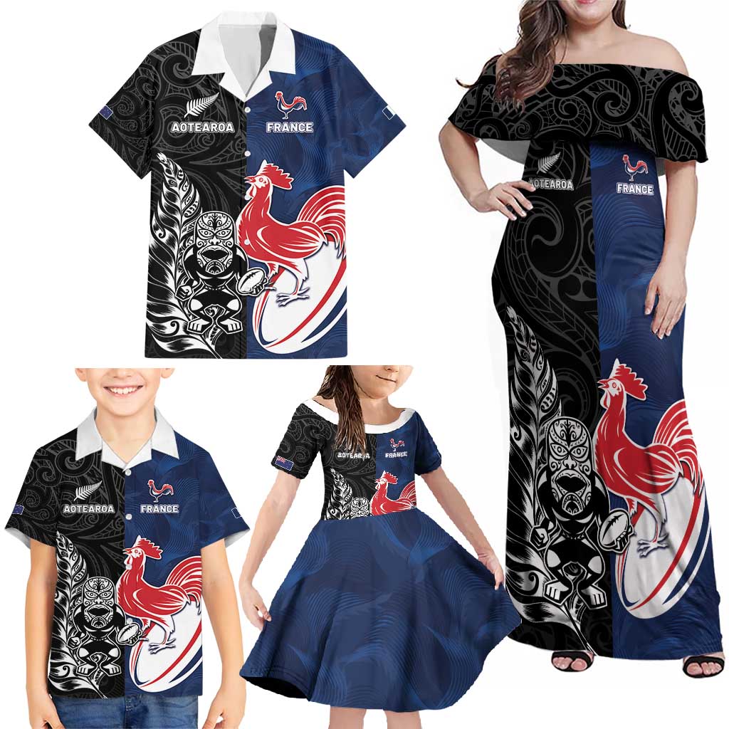 France And New Zealand Rugby Custom Family Matching Off Shoulder Maxi Dress and Hawaiian Shirt Les Bleus Rooster With Maori Tiki LT05 - Polynesian Pride