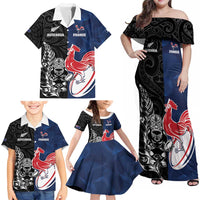France And New Zealand Rugby Custom Family Matching Off Shoulder Maxi Dress and Hawaiian Shirt Les Bleus Rooster With Maori Tiki LT05 - Polynesian Pride