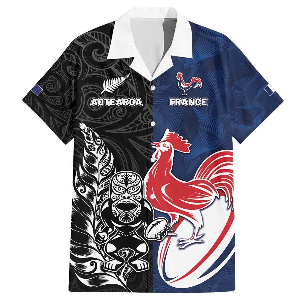 France And New Zealand Rugby Custom Family Matching Short Sleeve Bodycon Dress and Hawaiian Shirt Les Bleus Rooster With Maori Tiki LT05 Dad's Shirt - Short Sleeve Black - Polynesian Pride