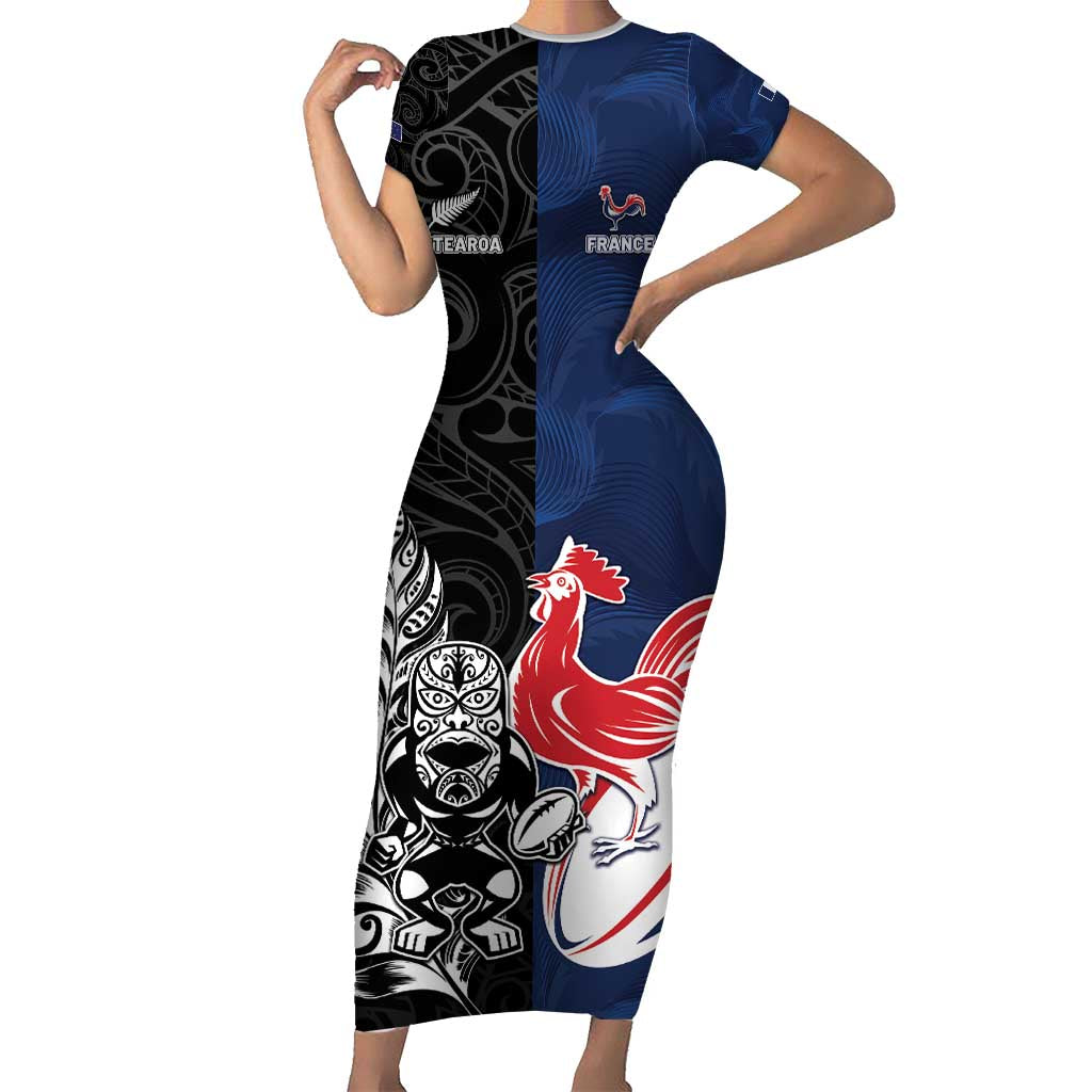 France And New Zealand Rugby Custom Family Matching Short Sleeve Bodycon Dress and Hawaiian Shirt Les Bleus Rooster With Maori Tiki LT05 Mom's Dress Black - Polynesian Pride