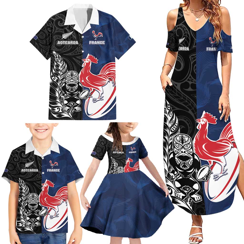 France And New Zealand Rugby Custom Family Matching Summer Maxi Dress and Hawaiian Shirt Les Bleus Rooster With Maori Tiki LT05 - Polynesian Pride