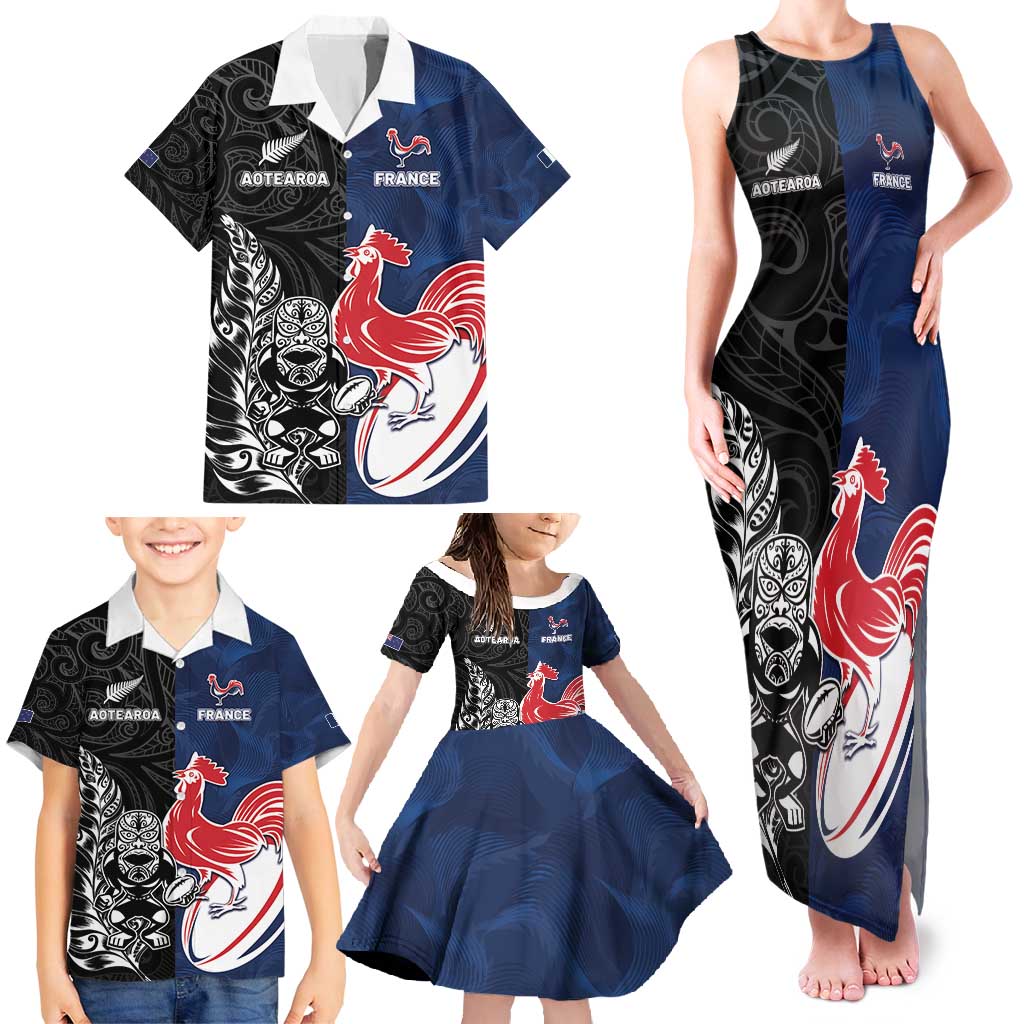 France And New Zealand Rugby Custom Family Matching Tank Maxi Dress and Hawaiian Shirt Les Bleus Rooster With Maori Tiki LT05 - Polynesian Pride