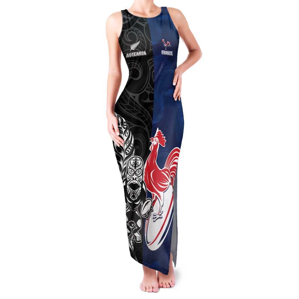 France And New Zealand Rugby Custom Family Matching Tank Maxi Dress and Hawaiian Shirt Les Bleus Rooster With Maori Tiki LT05 Mom's Dress Black - Polynesian Pride