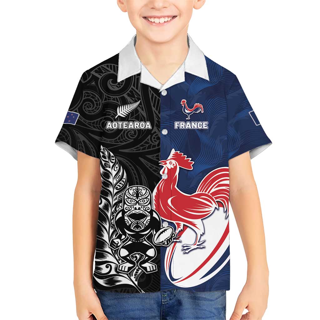 France And New Zealand Rugby Custom Hawaiian Shirt Les Bleus Rooster With Maori Tiki LT05 - Polynesian Pride