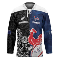 France And New Zealand Rugby Custom Hockey Jersey Les Bleus Rooster With Maori Tiki LT05 Unisex Black - Polynesian Pride