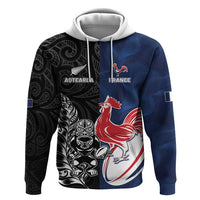 France And New Zealand Rugby Custom Hoodie Les Bleus Rooster With Maori Tiki LT05 Pullover Hoodie Black - Polynesian Pride