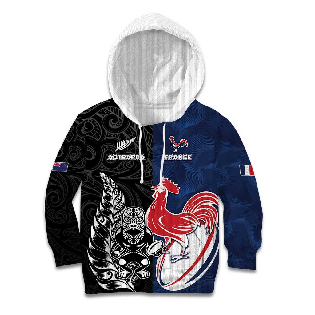France And New Zealand Rugby Custom Kid Hoodie Les Bleus Rooster With Maori Tiki LT05 Hoodie Black - Polynesian Pride