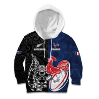 France And New Zealand Rugby Custom Kid Hoodie Les Bleus Rooster With Maori Tiki LT05 Hoodie Black - Polynesian Pride