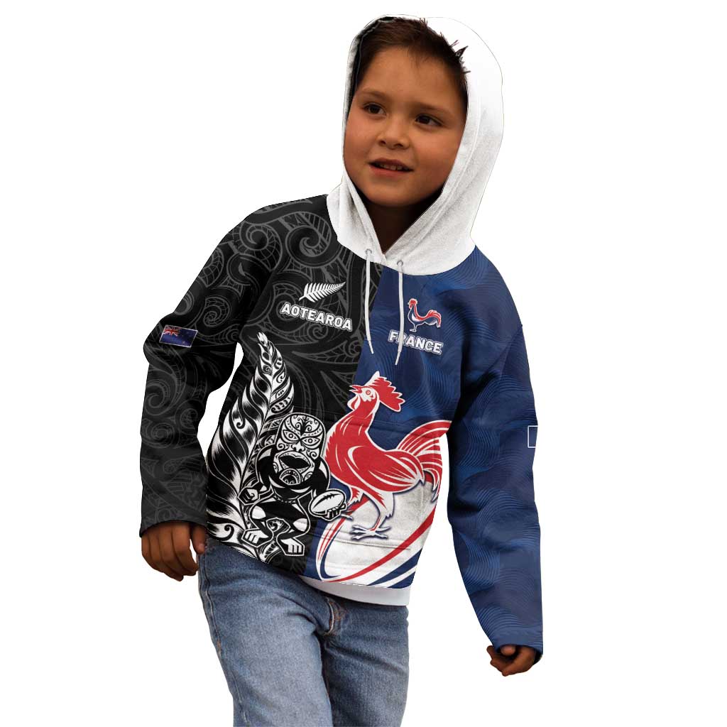 France And New Zealand Rugby Custom Kid Hoodie Les Bleus Rooster With Maori Tiki LT05 - Polynesian Pride