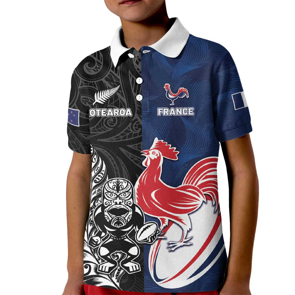 France And New Zealand Rugby Custom Kid Polo Shirt Les Bleus Rooster With Maori Tiki LT05 Kid Black - Polynesian Pride