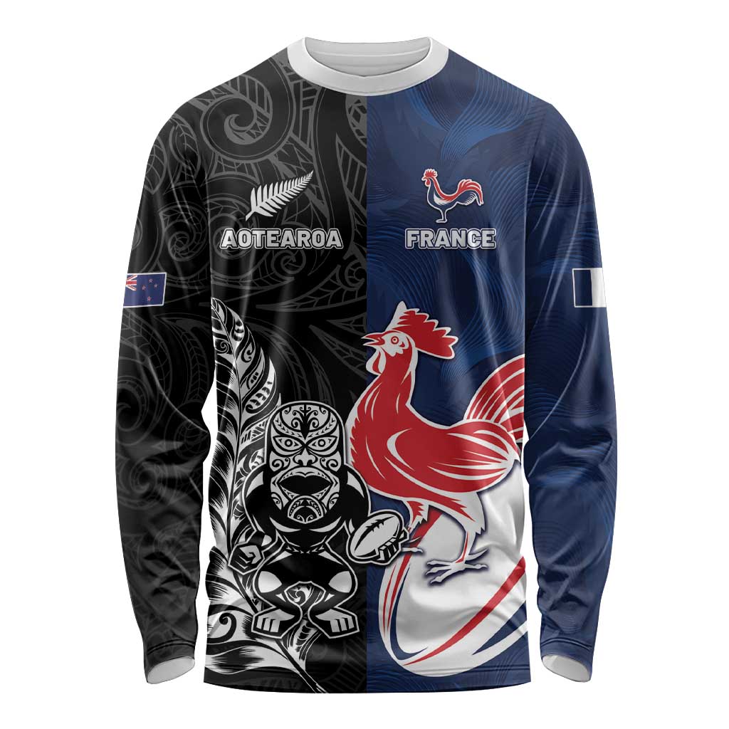 France And New Zealand Rugby Custom Long Sleeve Shirt Les Bleus Rooster With Maori Tiki LT05 Unisex Black - Polynesian Pride