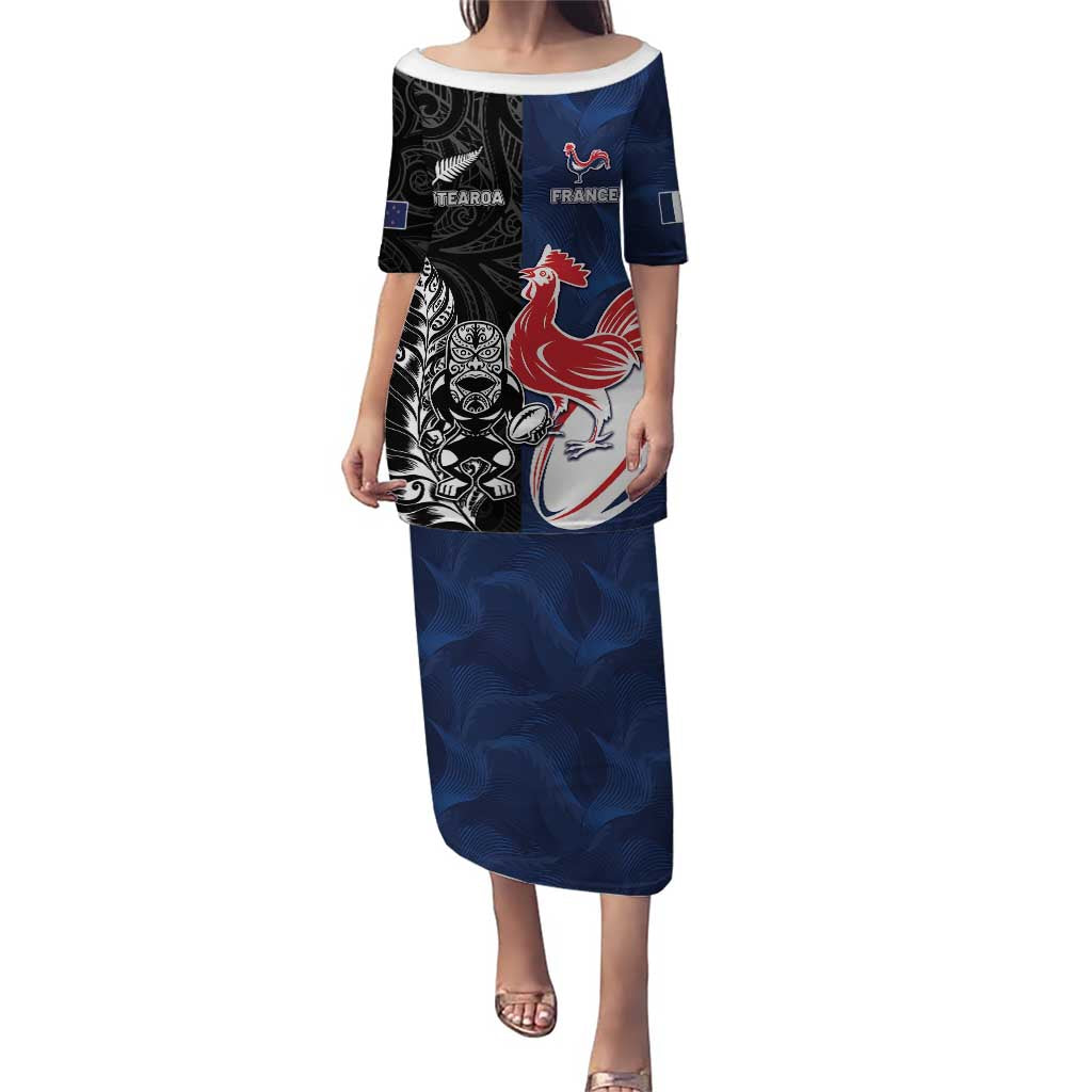 France And New Zealand Rugby Custom Puletasi Les Bleus Rooster With Maori Tiki LT05 Long Dress Black - Polynesian Pride
