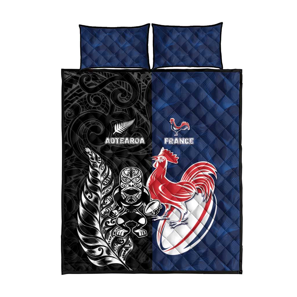 France And New Zealand Rugby Quilt Bed Set Les Bleus Rooster With Maori Tiki - Polynesian Pride
