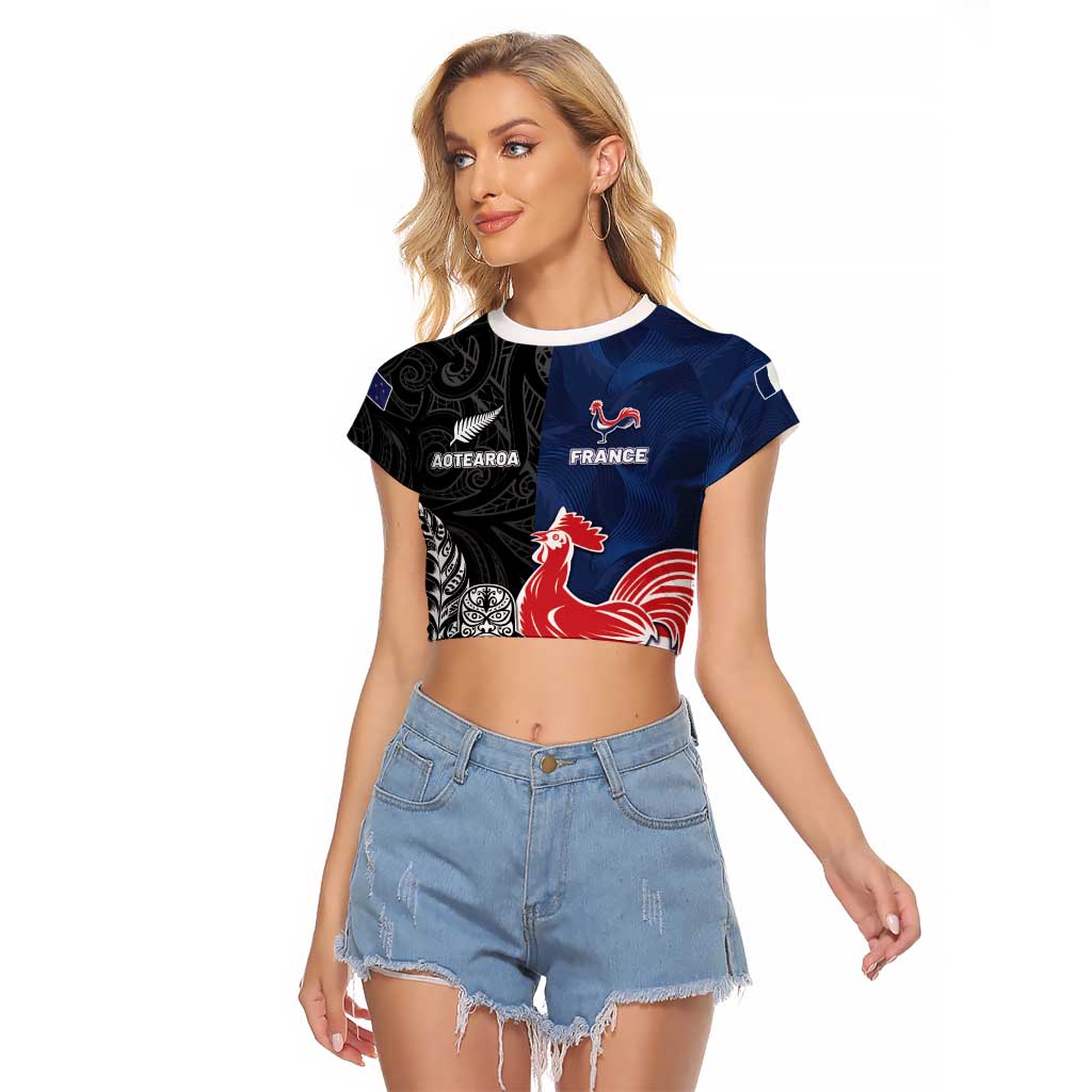 France And New Zealand Rugby Custom Raglan Cropped T Shirt Les Bleus Rooster With Maori Tiki - Polynesian Pride