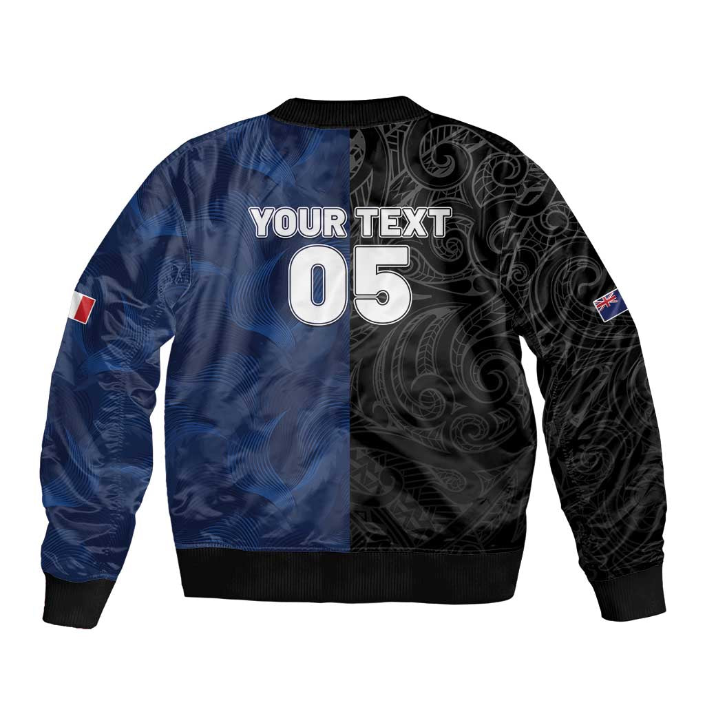 France And New Zealand Rugby Custom Sleeve Zip Bomber Jacket Les Bleus Rooster With Maori Tiki - Polynesian Pride