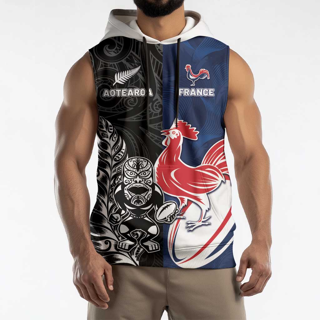 France And New Zealand Rugby Custom Sleeveless Hoodie Les Bleus Rooster With Maori Tiki LT05 - Polynesian Pride