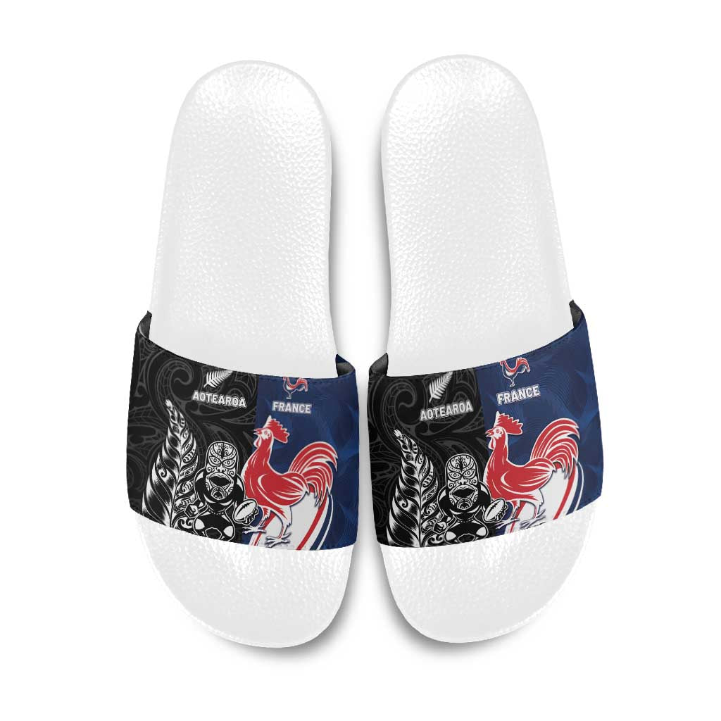 France And New Zealand Rugby Slide Sandals Les Bleus Rooster With Maori Tiki - Polynesian Pride