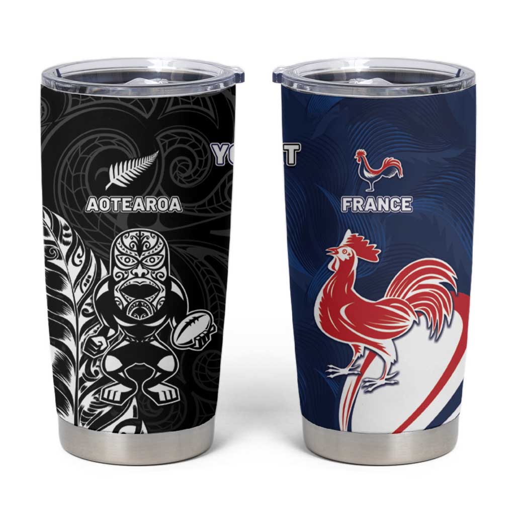 France And New Zealand Rugby Custom Tumbler Cup Les Bleus Rooster With Maori Tiki LT05 Black - Polynesian Pride