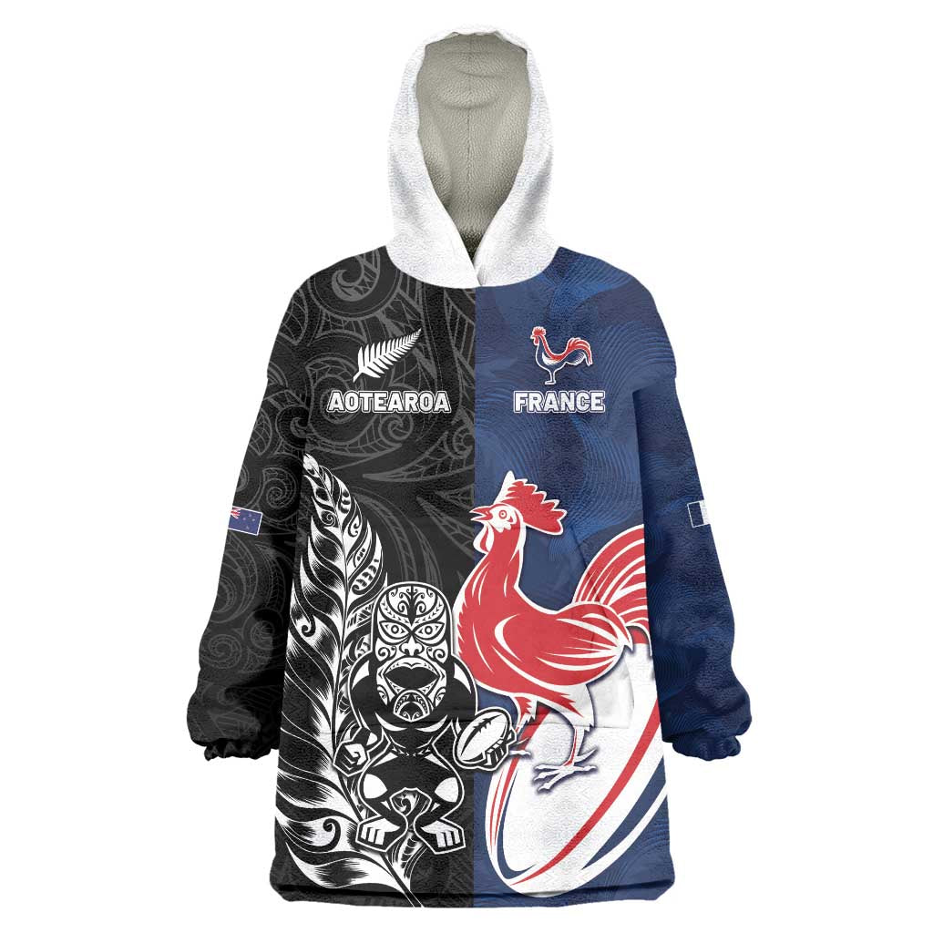 France And New Zealand Rugby Custom Wearable Blanket Hoodie Les Bleus Rooster With Maori Tiki LT05 One Size Black - Polynesian Pride