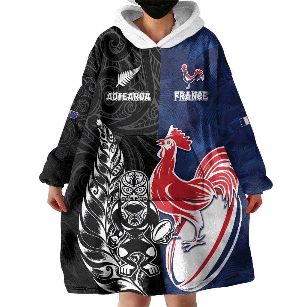 France And New Zealand Rugby Custom Wearable Blanket Hoodie Les Bleus Rooster With Maori Tiki LT05 - Polynesian Pride