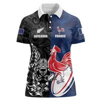 France And New Zealand Rugby Custom Women Polo Shirt Les Bleus Rooster With Maori Tiki LT05 Female Black - Polynesian Pride