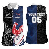 France And New Zealand Rugby Custom Women Sleeveless Polo Shirt Les Bleus Rooster With Maori Tiki LT05 - Polynesian Pride