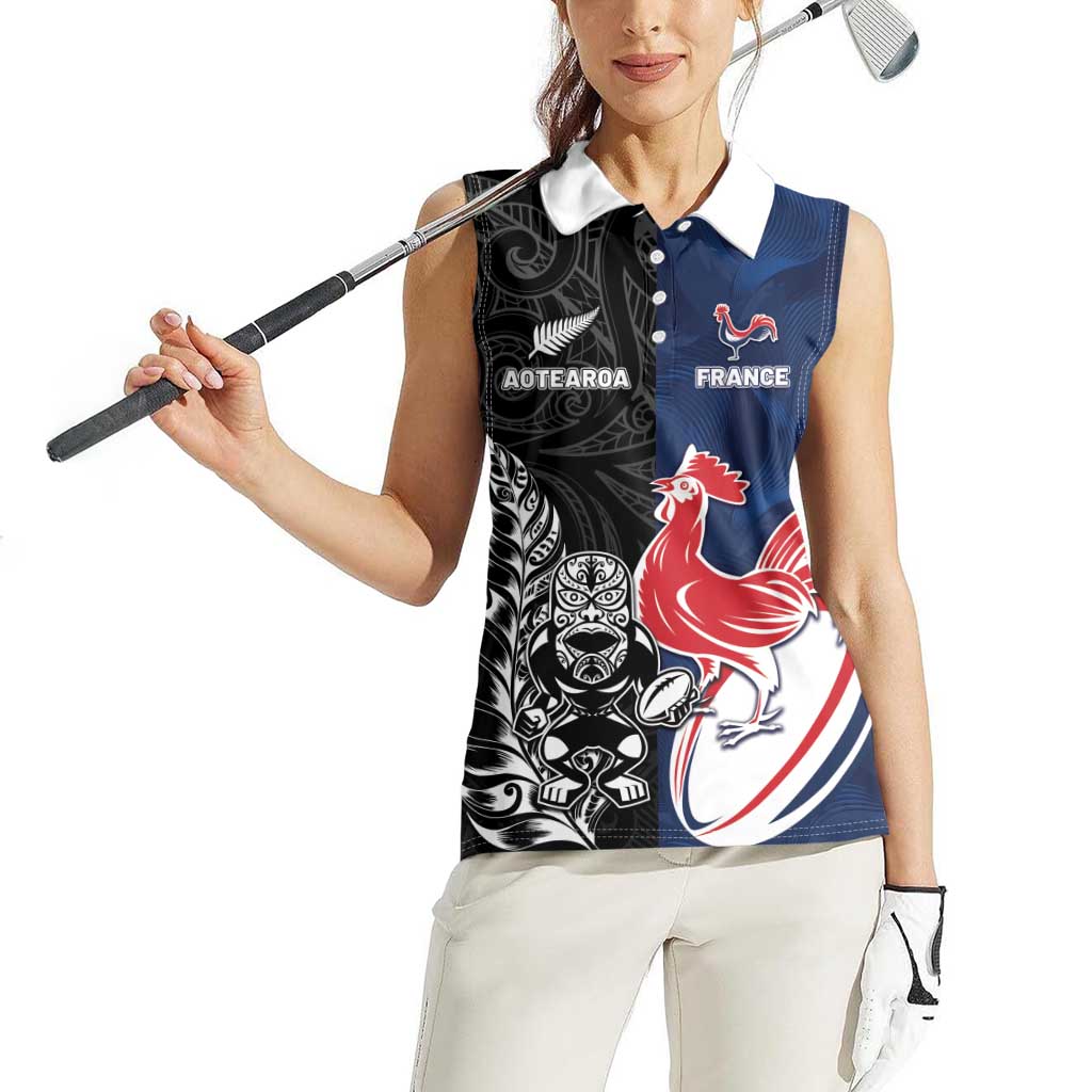 France And New Zealand Rugby Custom Women Sleeveless Polo Shirt Les Bleus Rooster With Maori Tiki LT05 - Polynesian Pride